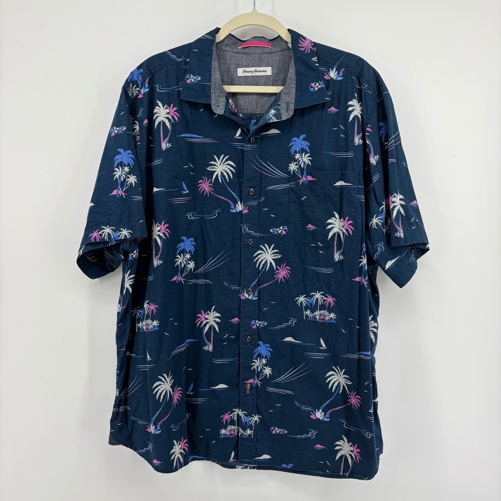 Tommy‎ Bahama Mens XL Navy Blue Short Sleeve Button Up Tropical Palm Tree Shirt